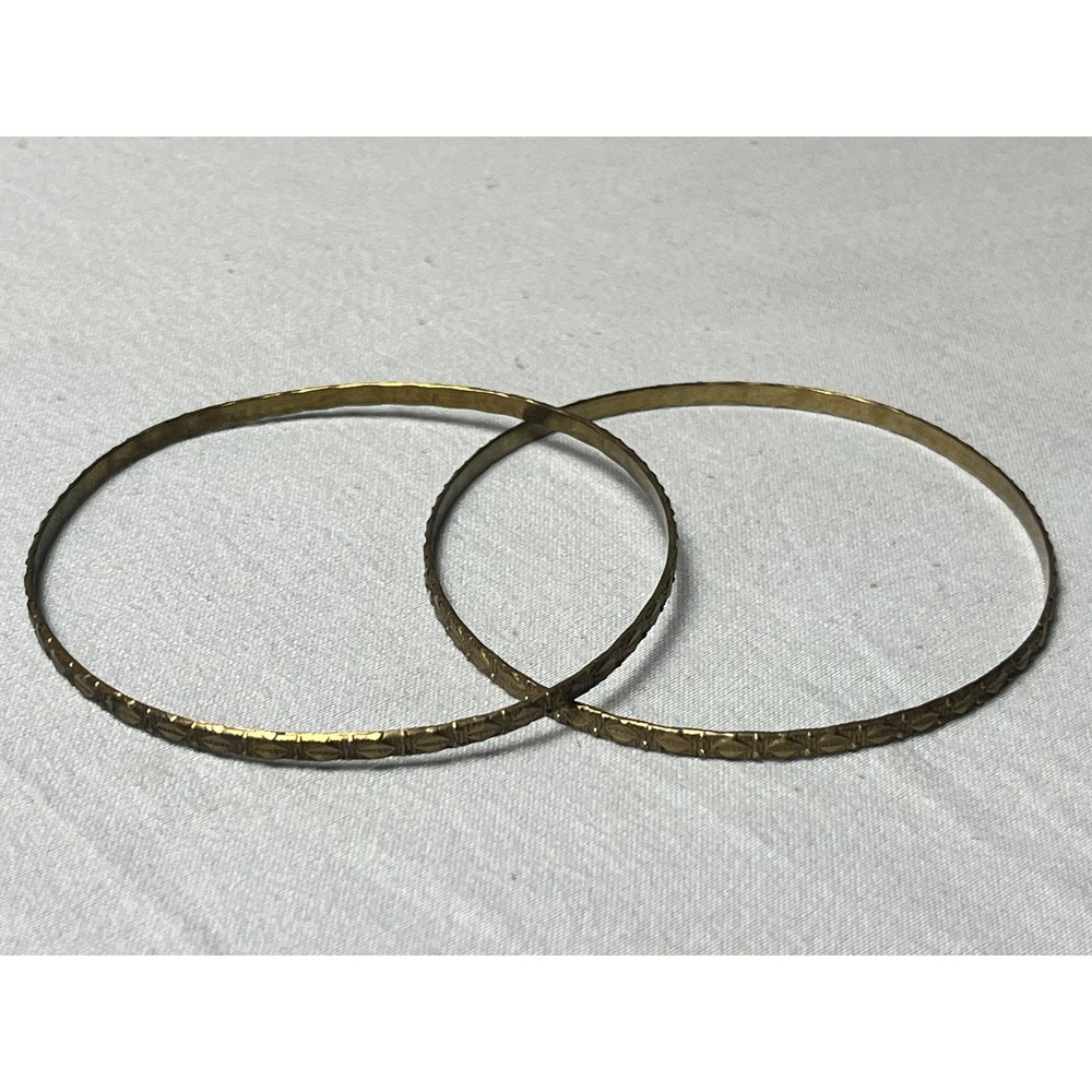 Vintage‎ Gold Tone Etched Brass Bangle Bracelets Set of 2 Slim Geometric